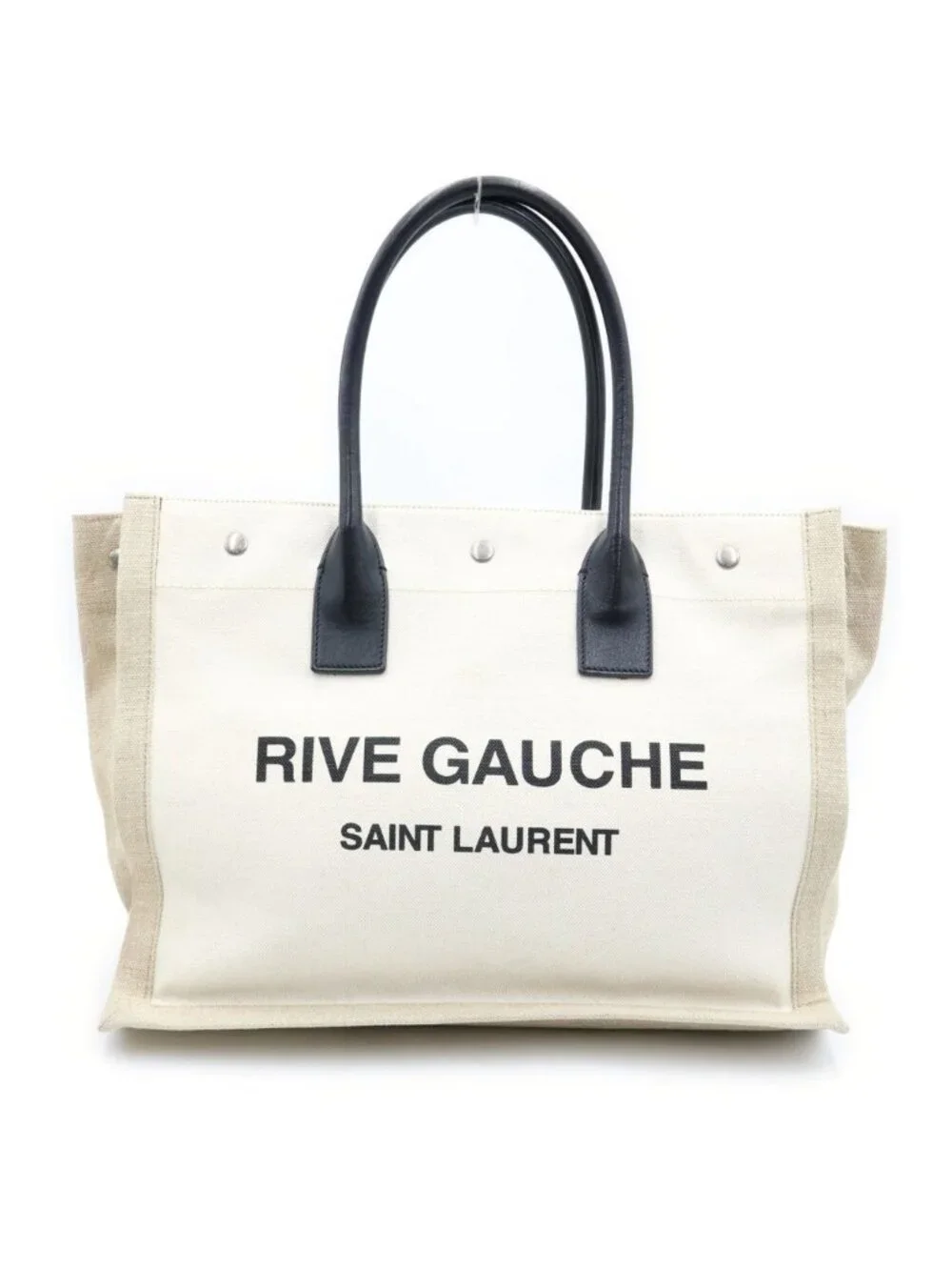 Saint Laurent Paris Rive Gauche Name Design Leather Handle Canvas Tote Bag Beige